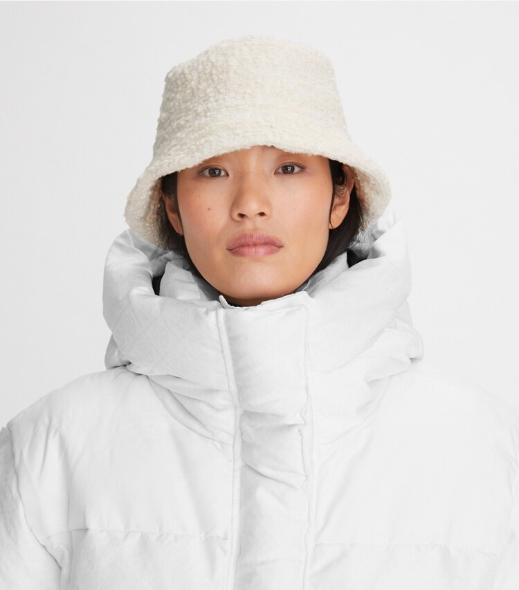 Tory Burch designer hats Bouclé Short Brim Bucket Hat in Cream accessory on model