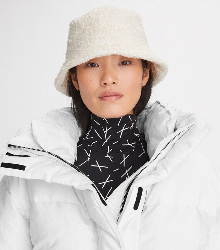 Tory Burch designer hats Bouclé Short Brim Bucket Hat in Cream additional on model