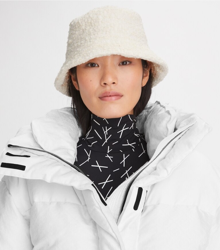 Tory Burch designer hats Bouclé Short Brim Bucket Hat in Cream front