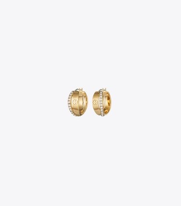 Tory Burch designer boucles d'oreilles Boucle d’oreille créole double Icon Pavé dans Tory Gold / Crystal de face