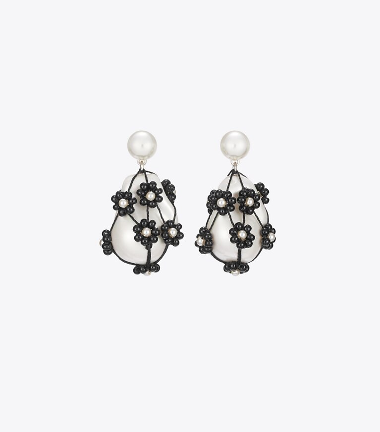 Tory Burch designer boucles d'oreilles Boucles d’oreilles à pendentif en perles Curiosity dans Tory Silver / Black de face