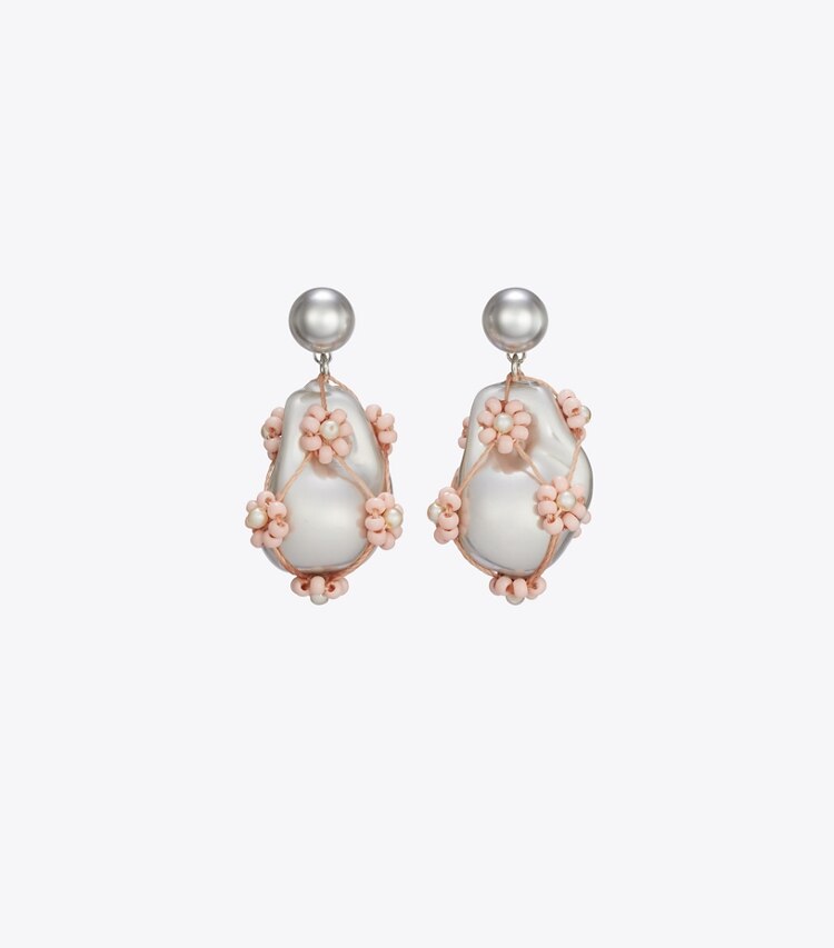 Tory Burch designer boucles d'oreilles Boucles d’oreilles à pendentif en perles Curiosity dans Tory Gold / Pink de face