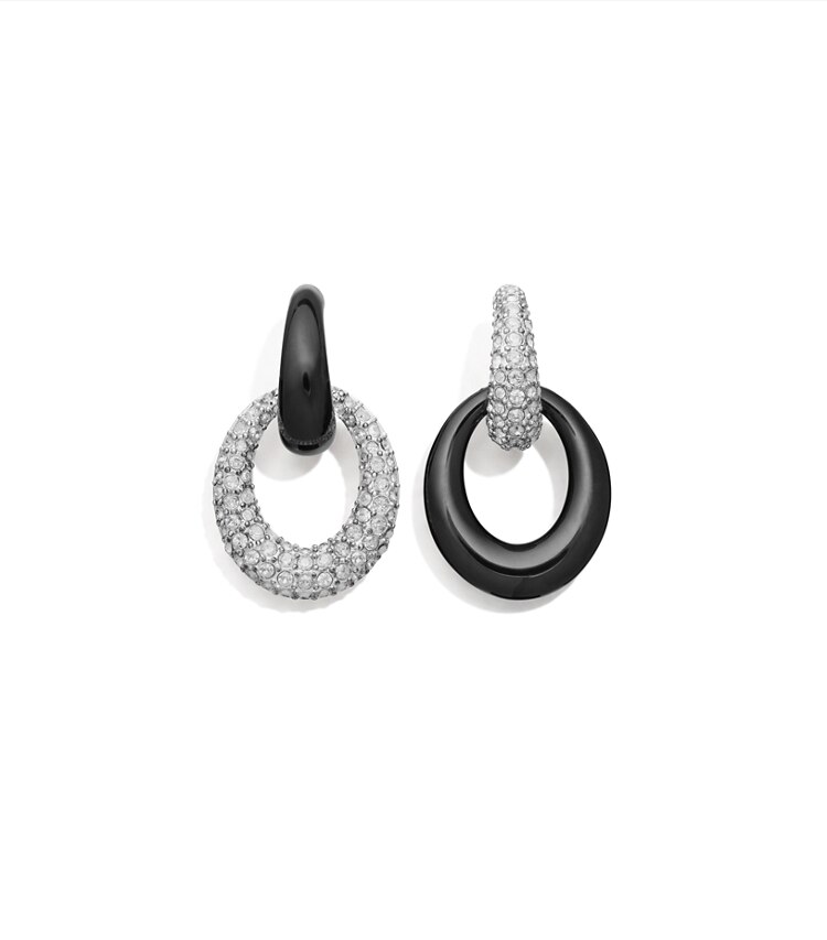 Tory Burch designer boucles d'oreilles Boucles d’oreilles à sertissage en pavé Pierced en forme de heurtoir  dans Antique Light Silver / BLACK / Crystal supplémentaire