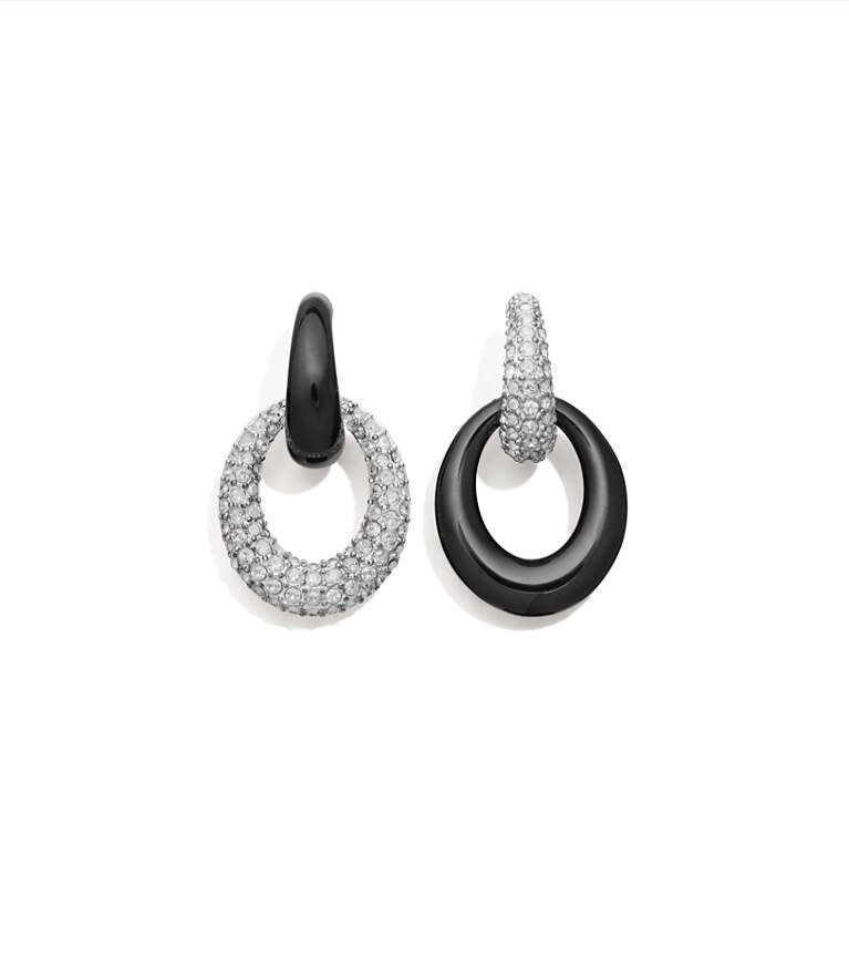 Tory Burch designer boucles d'oreilles Boucles d’oreilles à sertissage en pavé Pierced en forme de heurtoir  dans Antique Light Silver / BLACK / Crystal supplémentaire