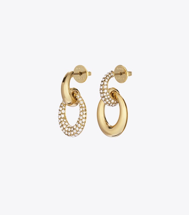Tory Burch designer boucles d'oreilles Boucles d’oreilles à sertissage en pavé Pierced en forme de heurtoir  dans Light Brass / Crystal détails