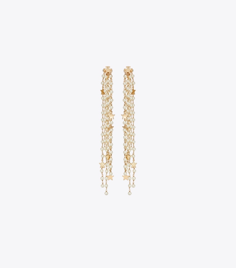 Tory Burch designer boucles d'oreilles Boucles d’oreilles avant-arrière Moondance à perles in Tory Gold / Cream front