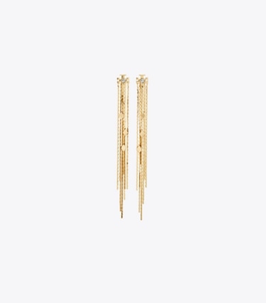 Tory Burch designer boucles d'oreilles Boucles d’oreilles chaînes devant-derrière Runway in Light Brass / Crystal front