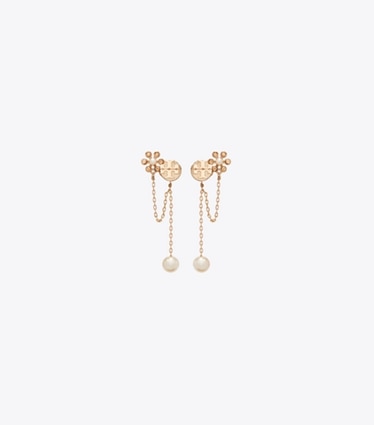 Tory Burch designer boucles d'oreilles Boucles d’oreilles chaînette et perle Moondance dans Tory Gold / Cream de face