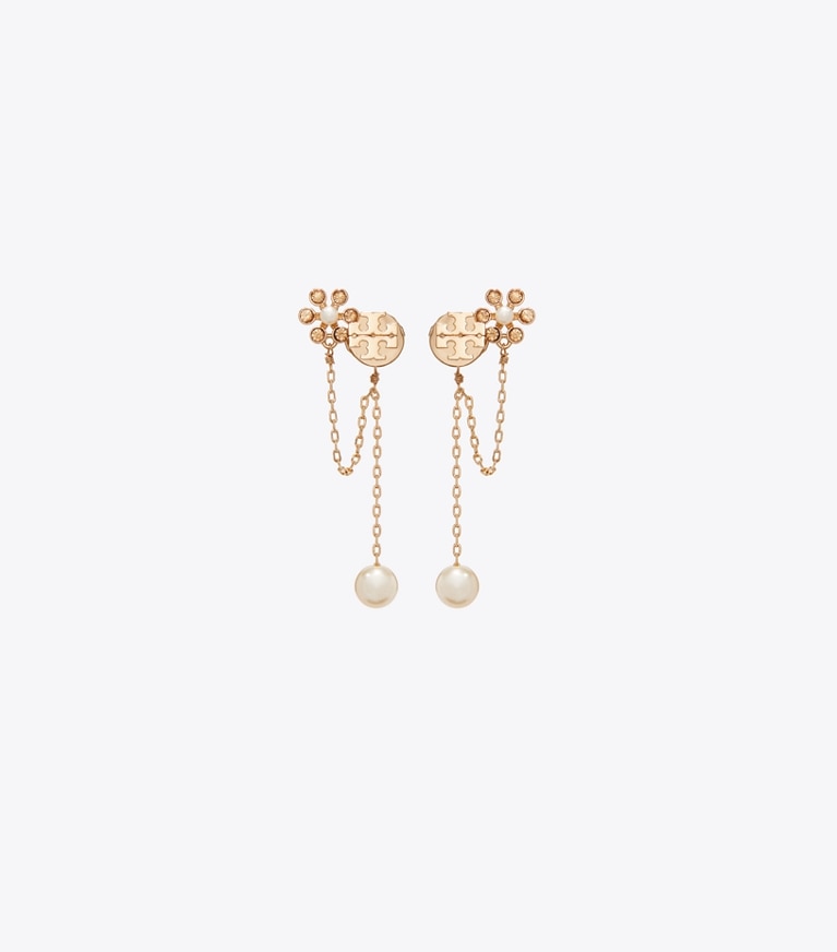 Tory Burch designer boucles d'oreilles Boucles d’oreilles chaînette et perle Moondance dans Tory Gold / Cream de face