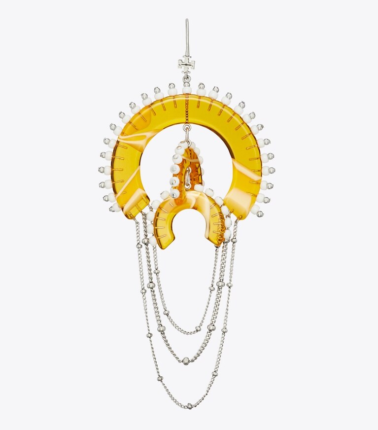 Tory Burch designer boucles d'oreilles Boucles d’oreilles chandelier à perles en résine in Antique Tory Silver / Multi front
