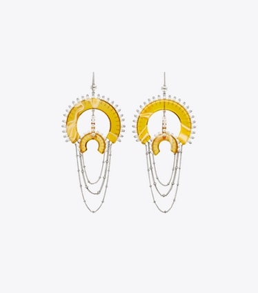 Tory Burch designer boucles d'oreilles Boucles d’oreilles chandelier à perles en résine in Antique Tory Silver / Multi front