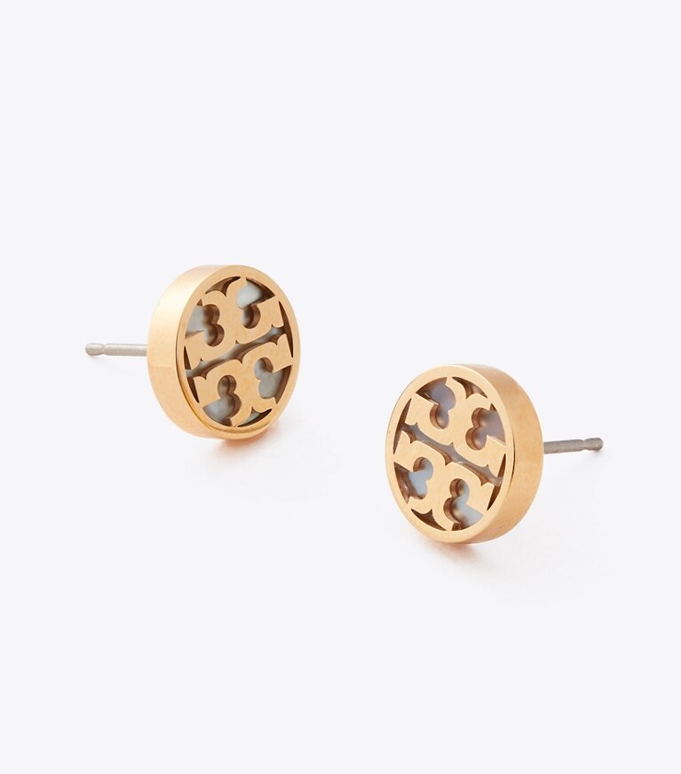 Tory Burch designer boucles d'oreilles Boucles d’oreilles clous rondes Icon en nacre dans Tory Gold / Mother of Pearl détails