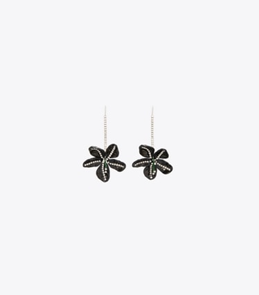Tory Burch designer boucles d'oreilles Boucles d’oreilles fleurs pavées Curiosity dans Antique Tory Silver / Black de face