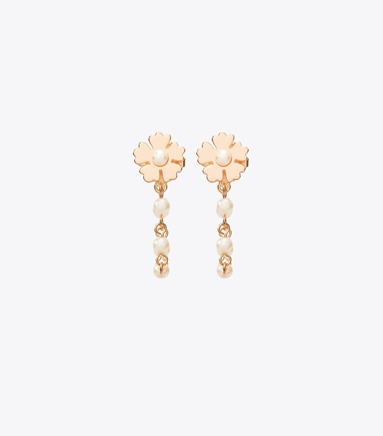 Tory Burch designer boucles d'oreilles Boucles d’oreilles Forget Me Not chaînes et perles in Tory Gold / Cream front