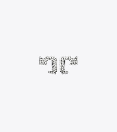 Tory Burch designer boucles d'oreilles Boucles d’oreilles logo pavées à clip in Tory Silver / Crystal front