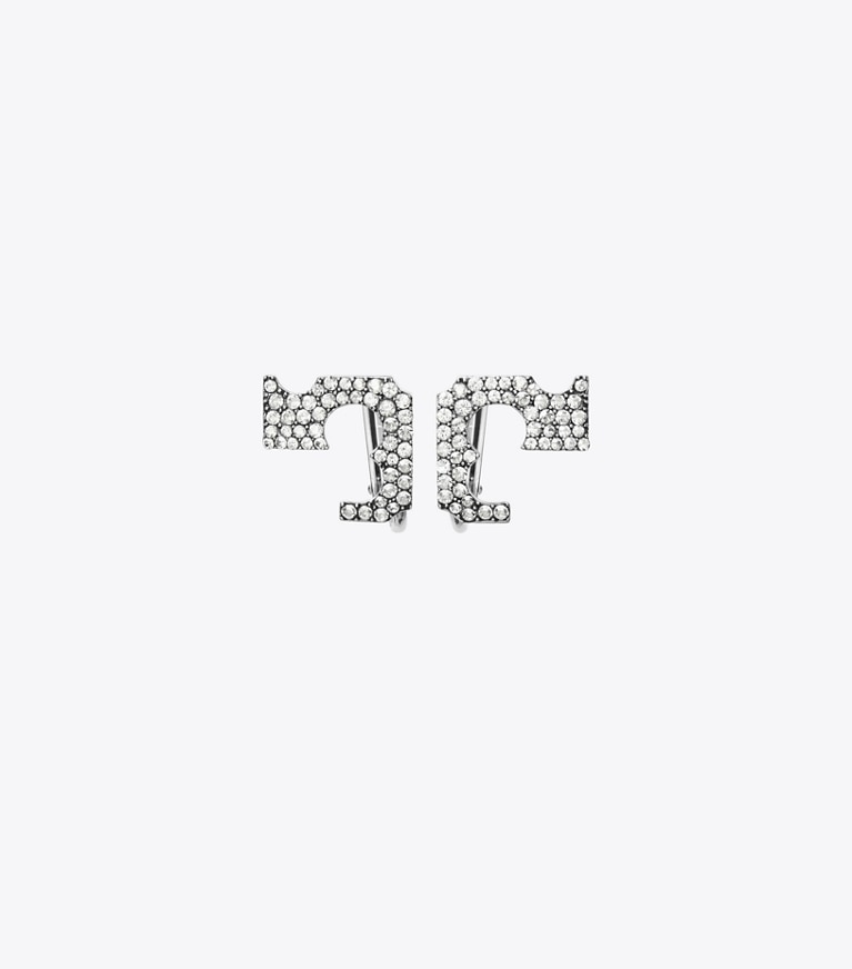Tory Burch designer boucles d'oreilles Boucles d’oreilles logo pavées à clip in Tory Silver / Crystal front