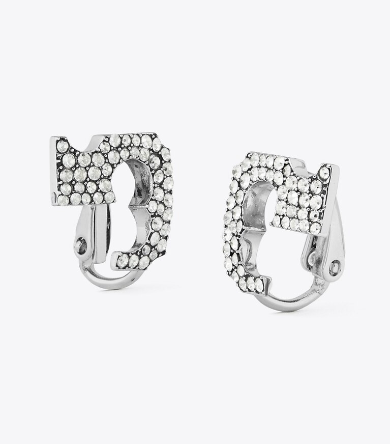 Tory Burch designer boucles d'oreilles Boucles d’oreilles logo pavées à clip Runway in Tory Silver / Crystal front