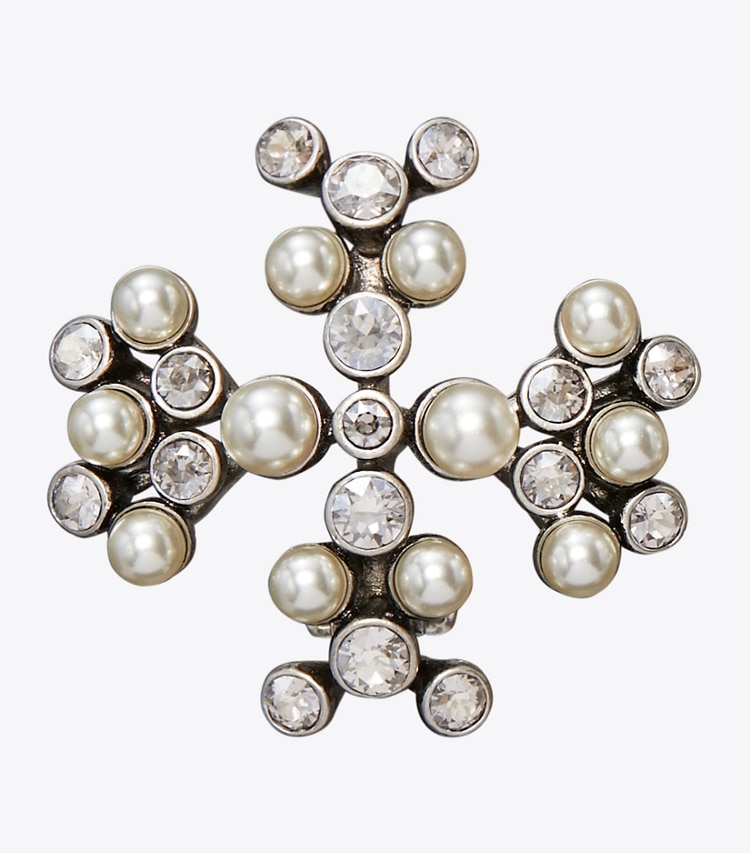 Tory Burch designer boucles d'oreilles Boucles d’oreilles Moondance ornées de perles, de cristaux à logo in Antique Tory Silver / Cream / Crystal informations