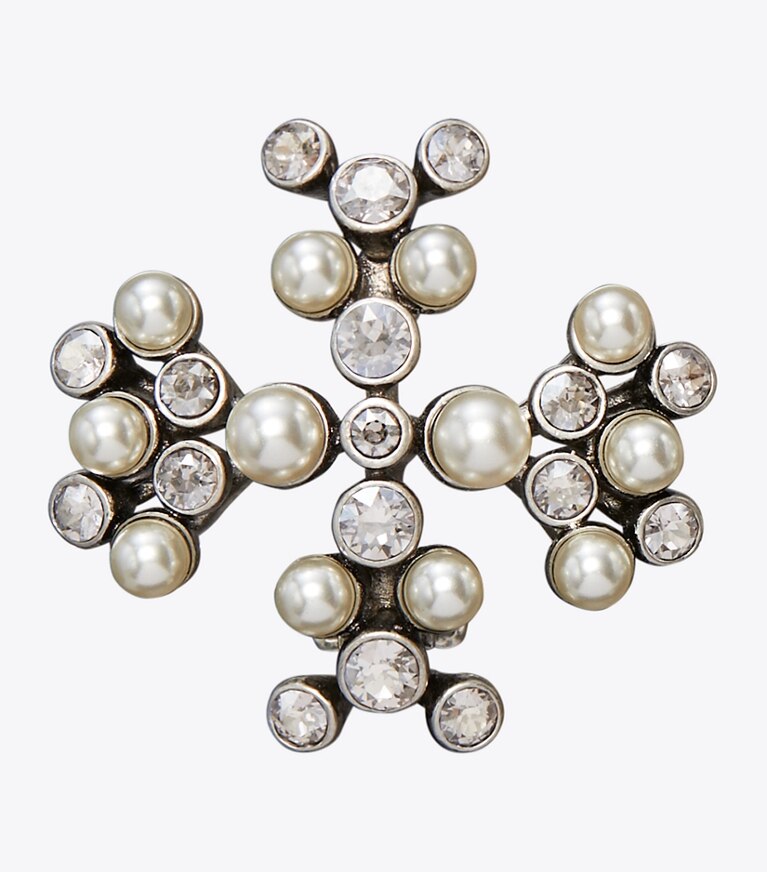 Tory Burch designer boucles d'oreilles Boucles d’oreilles Moondance ornées de perles, de cristaux à logo in Antique Tory Silver / Cream / Crystal informations