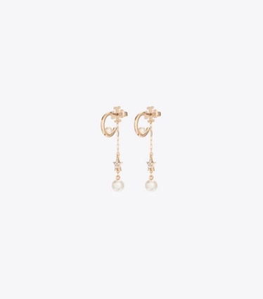 Tory Burch designer boucles d'oreilles Boucles d’oreilles pendantes Moondance à perle et étoile dans Tory Gold / Cream de face