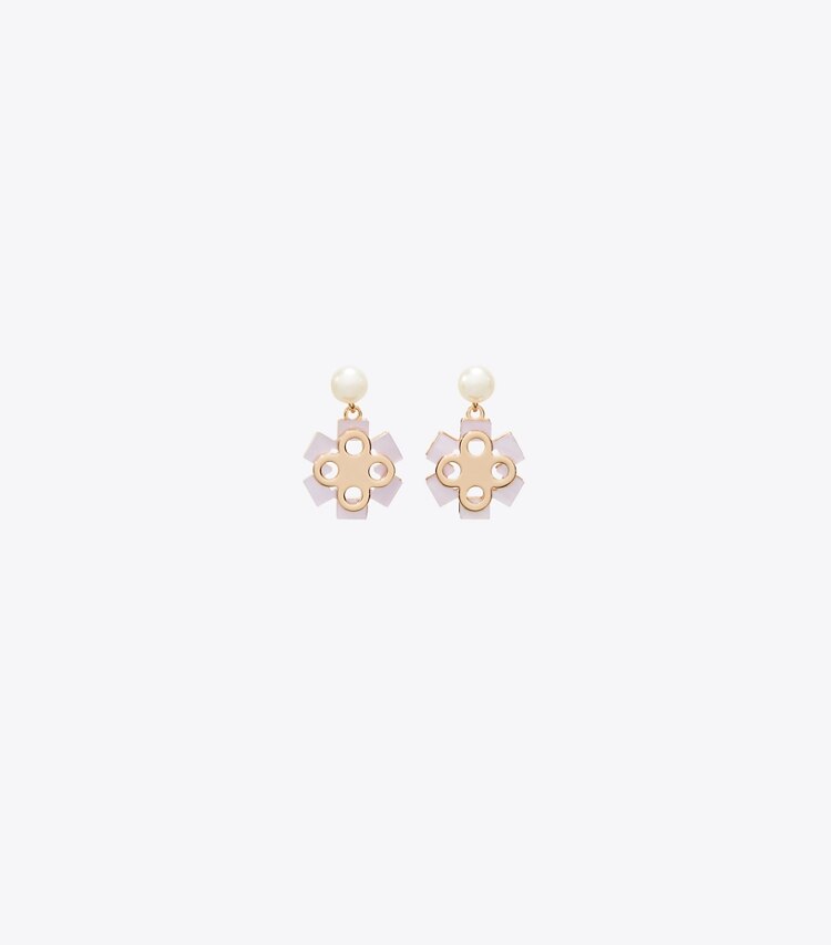 Tory Burch designer boucles d'oreilles Boucles d’oreilles pendantes à perles Myosotis dans Tory Gold / Pink / Crystal / Pearl de face