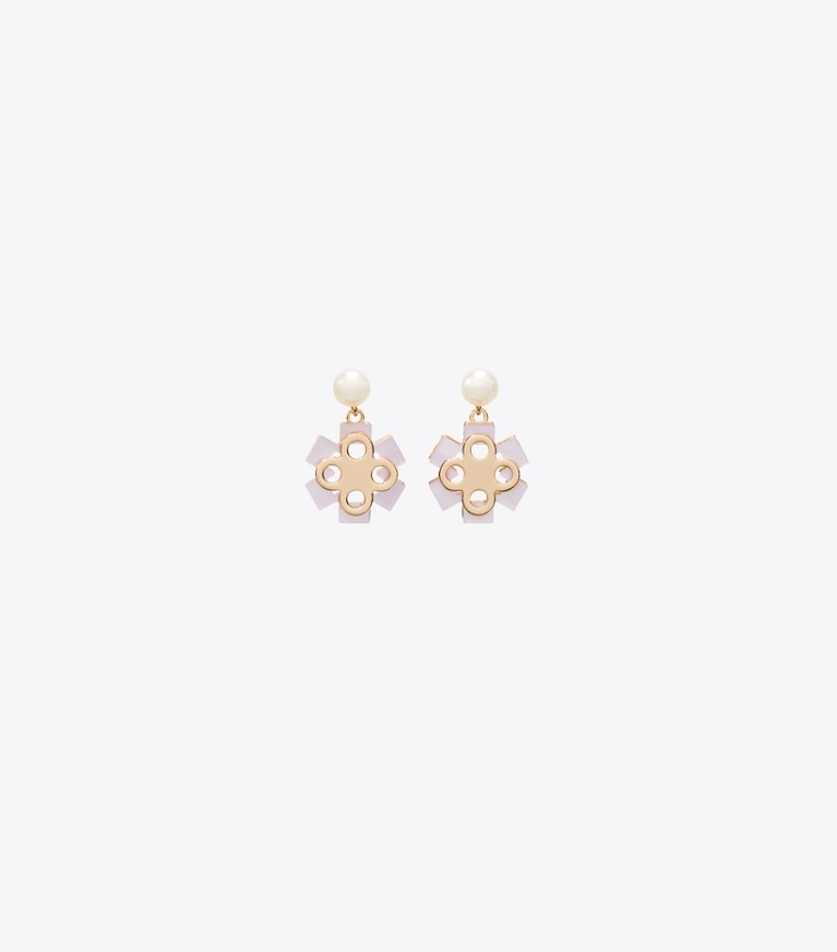 Tory Burch designer boucles d'oreilles Boucles d’oreilles pendantes à perles Myosotis dans Tory Gold / Pink / Crystal / Pearl de face