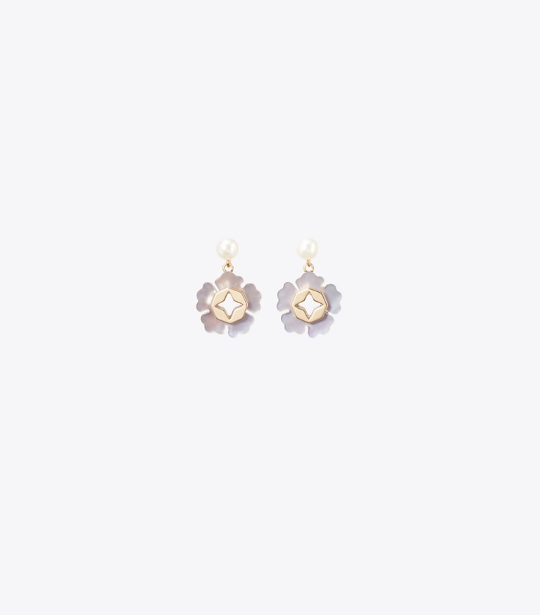 Tory Burch designer boucles d'oreilles Boucles d’oreilles pendantes à perles Myosotis dans Tory Gold / Blue de face