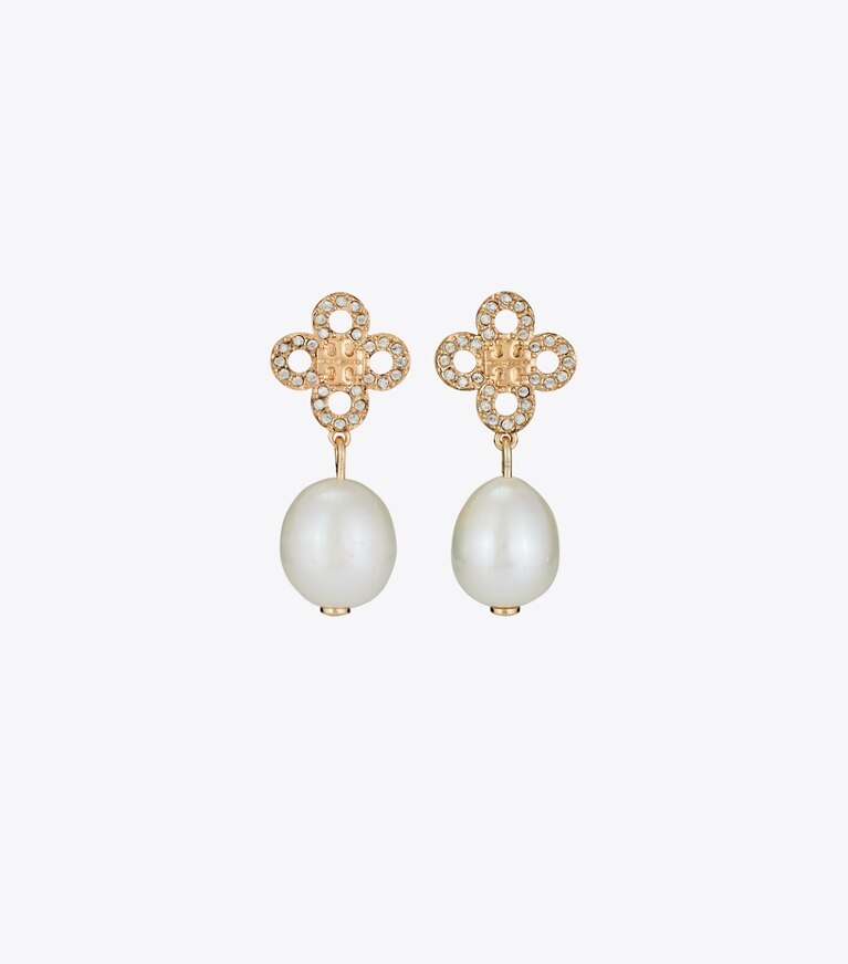 Tory Burch designer boucles d'oreilles Boucles d’oreilles pendantes Kira Clover à perles in Tory Gold / Pearl / Crystal front