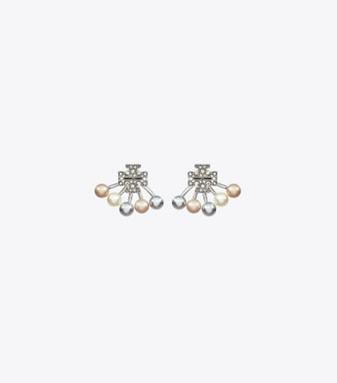 Tory Burch designer boucles d'oreilles Boucles d’oreilles perles Kira devant-derrière in Tory Silver / Pearl / Crystal front