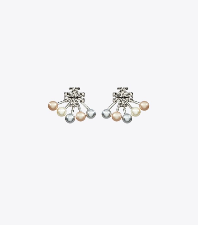 Tory Burch designer boucles d'oreilles Boucles d’oreilles perles Kira devant-derrière in Tory Silver / Pearl / Crystal front