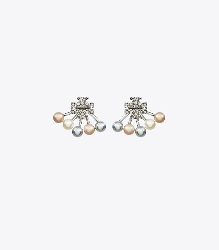 Tory Burch designer boucles d'oreilles Boucles d’oreilles perles Kira devant-derrière in Tory Silver / Pearl / Crystal front