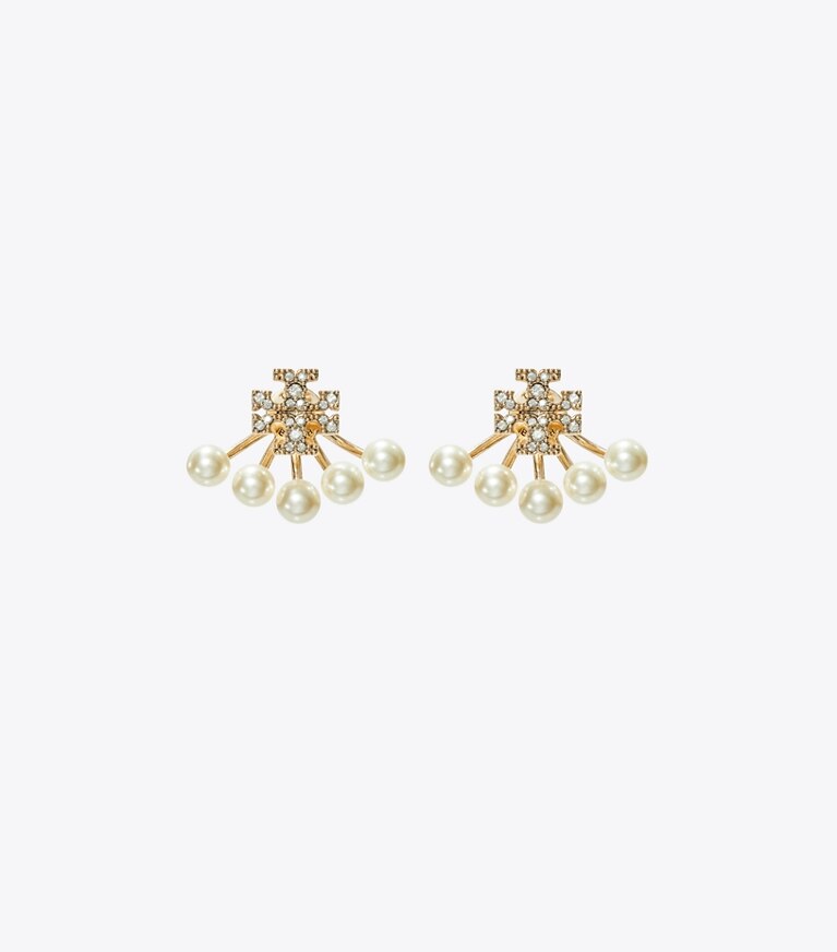 Tory Burch designer boucles d'oreilles Boucles d’oreilles perles Kira devant-derrière in Tory Gold / Pearl / Crystal front