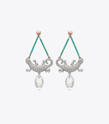 Tory Burch designer boucles d'oreilles Boucles d’oreilles salamandre Curiosity dans Antique Silver / Crystal de face