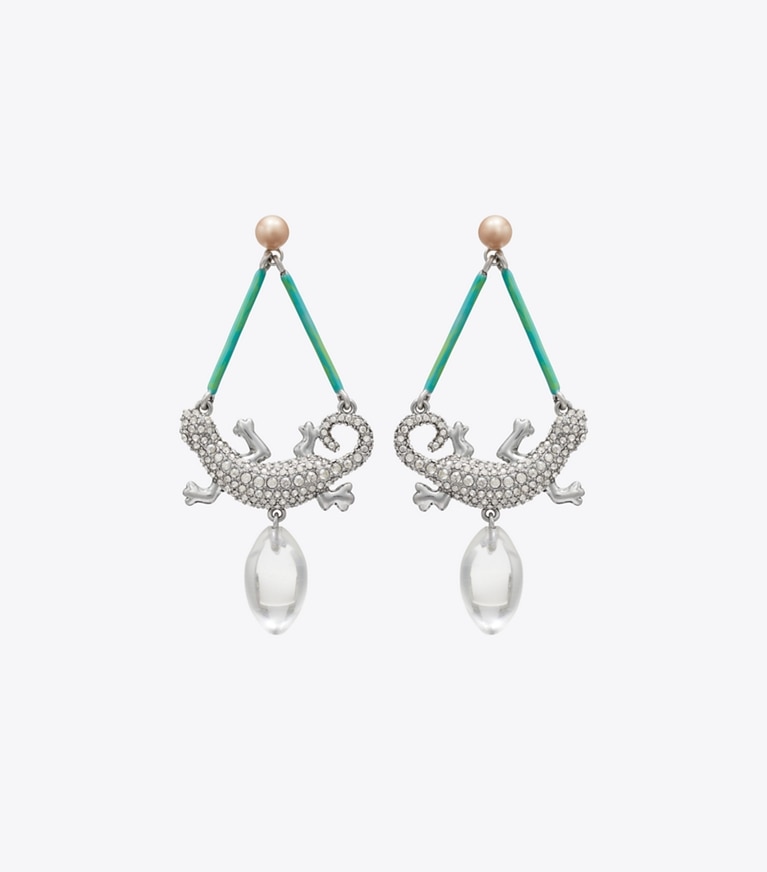 Tory Burch designer boucles d'oreilles Boucles d’oreilles salamandre Curiosity dans Antique Silver / Crystal de face