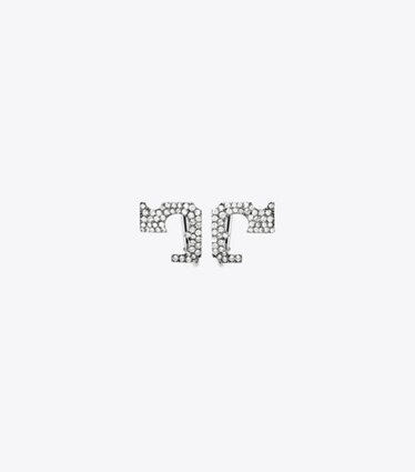 Tory Burch designer boucles d'oreilles Boucles d'oreilles à clip Runway Pavé Serif T dans Tory Silver / Crystal de face