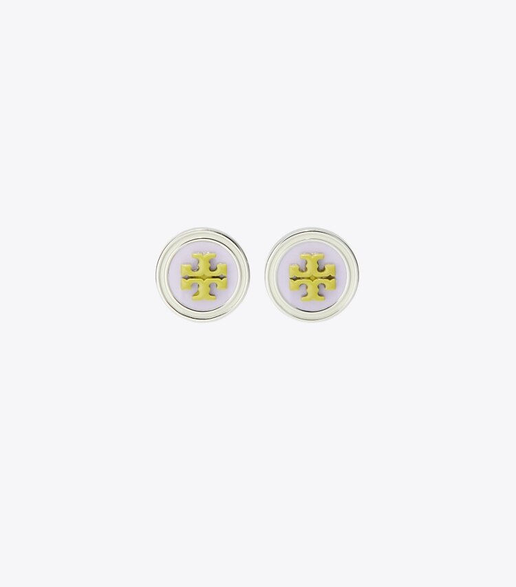 Tory Burch designer boucles d'oreilles Boucles d'oreilles à clous circulaires en émail Kira dans Tory Silver / Purple / Green de face
