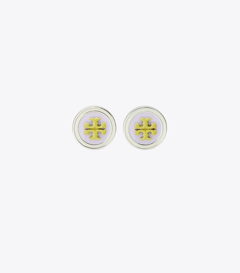 Tory Burch designer boucles d'oreilles Boucles d'oreilles à clous circulaires en émail Kira dans Tory Silver / Purple / Green de face
