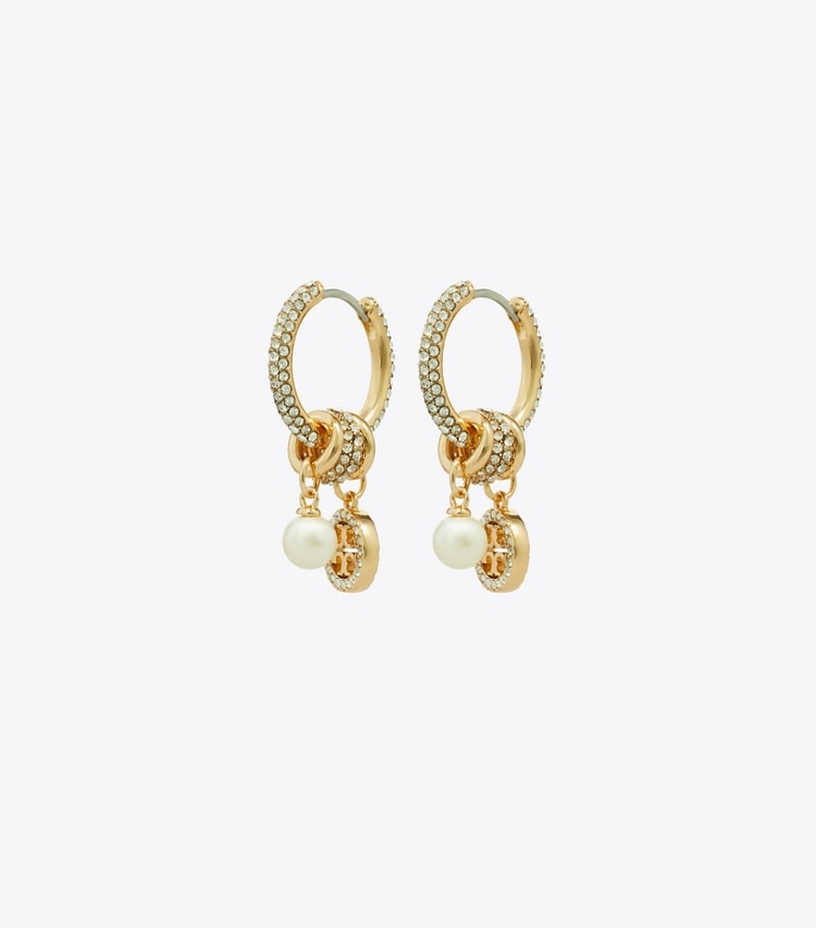 Tory Burch designer boucles d'oreilles Boucles d'oreilles breloque pavé Icon dans Tory Gold / Crystal / Pearl de face