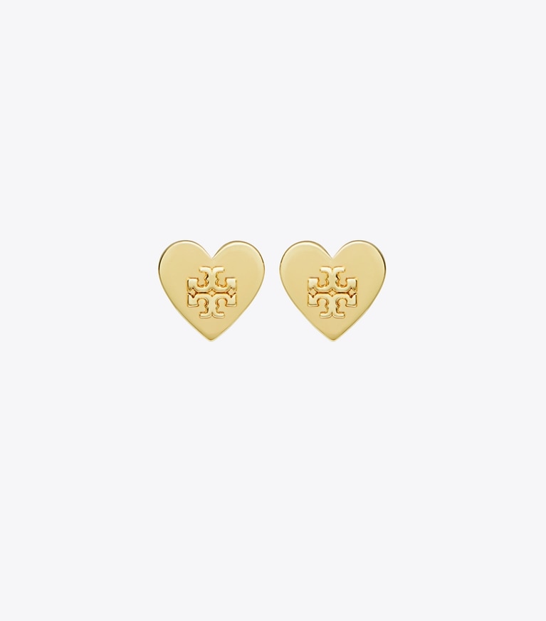 Tory Burch designer boucles d'oreilles Boucles d'oreilles clous cœur Myosotis dans Tory Gold de face
