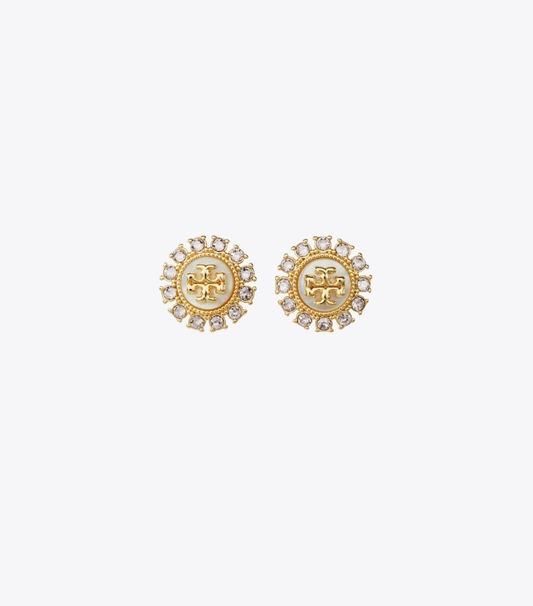 Tory Burch designer boucles d'oreilles Boucles d'oreilles clous Moondance en cristal dans Tory Gold / MOP / Crystal de face