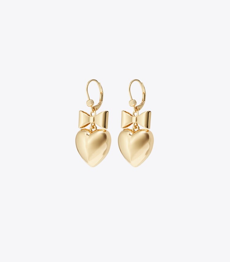 Tory Burch designer boucles d'oreilles Boucles d'oreilles Curiosity cœur et nœud dans Tory Gold de face