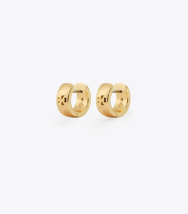 Tory Burch designer boucles d'oreilles Boucles d'oreilles Huggie Icon dans Tory Gold de face