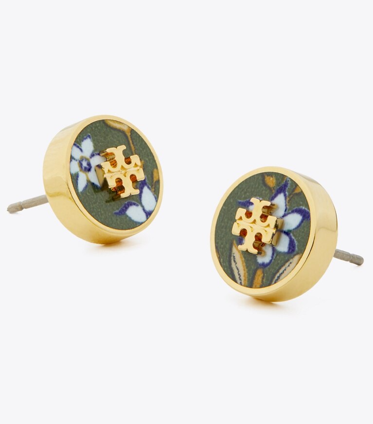 Tory Burch designer boucles d'oreilles Boucles d'oreilles Kira à clous ronds imprimés dans Tory Gold / Ornate Daffodil Ribbon détails
