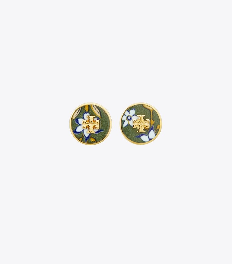 Tory Burch designer boucles d'oreilles Boucles d'oreilles Kira à clous ronds imprimés dans Tory Gold / Ornate Daffodil Ribbon de face