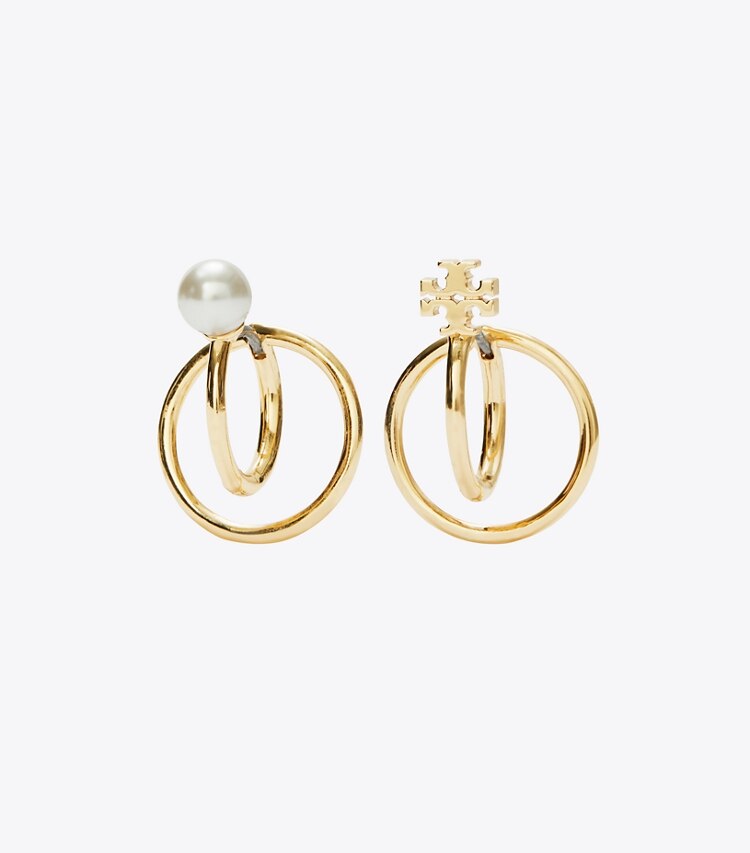 Tory Burch designer boucles d'oreilles Boucles d'oreilles Kira à double anneau et perle dans Tory Gold / Cream de face