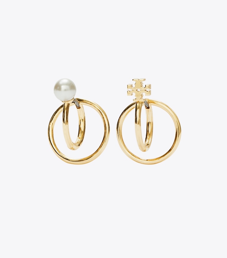 Tory Burch designer boucles d'oreilles Boucles d'oreilles Kira à double anneau et perle dans Tory Gold / Cream de face