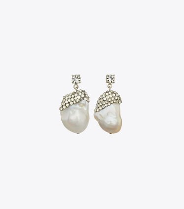 Tory Burch designer boucles d'oreilles Boucles d'oreilles pendantes Moondance en cristal et perle dans Ivory / Crystal de face