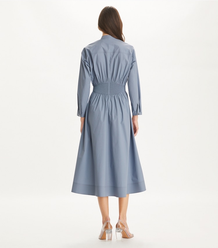 Tory Burch designer dresses Box-Pleated Cotton Dress in Gray-Blue on model back