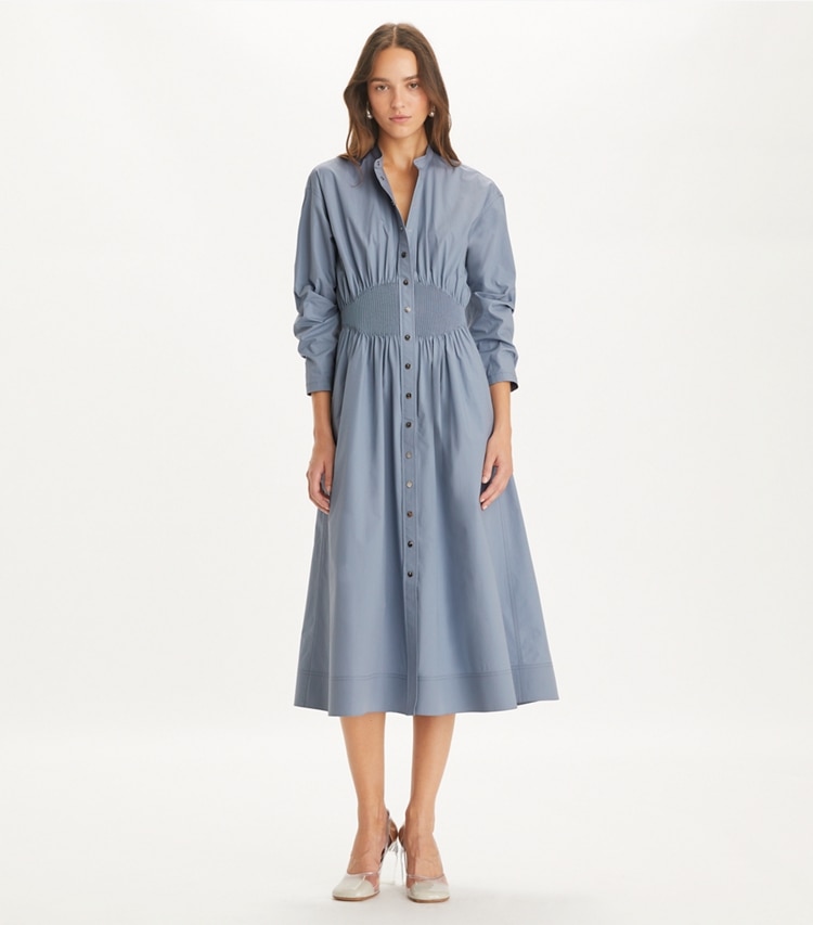 Tory Burch designer dresses Box-Pleated Cotton Dress in Gray-Blue on model front