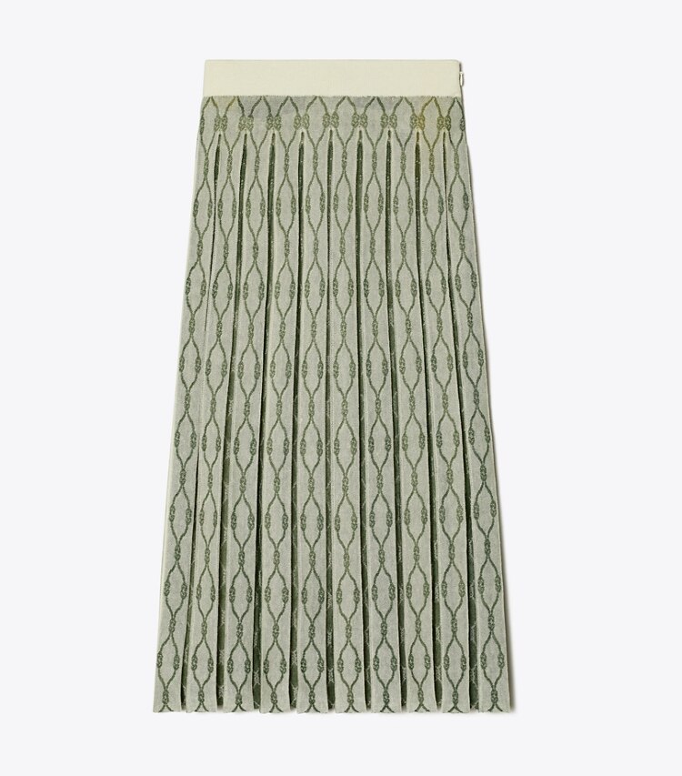 Tory Burch designer bottoms Box Pleated Jacquard Skirt in French Cream / Jadite front